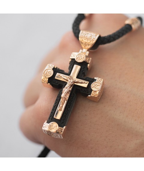 Men's Orthodox cross made of ebony and gold "Crucifixion. Save and Preserve" p03811 Onyx