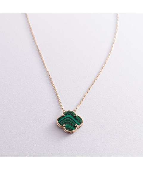 Gold necklace "Clover" with malachite col02019 Onyx 47