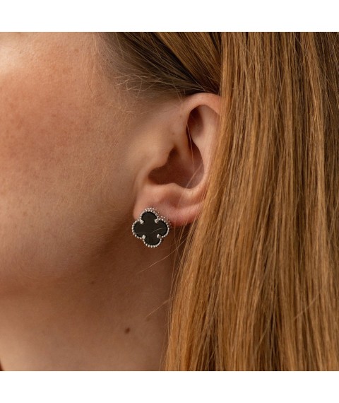 Silver earrings "Clover" (onyx) 123370 Onyx