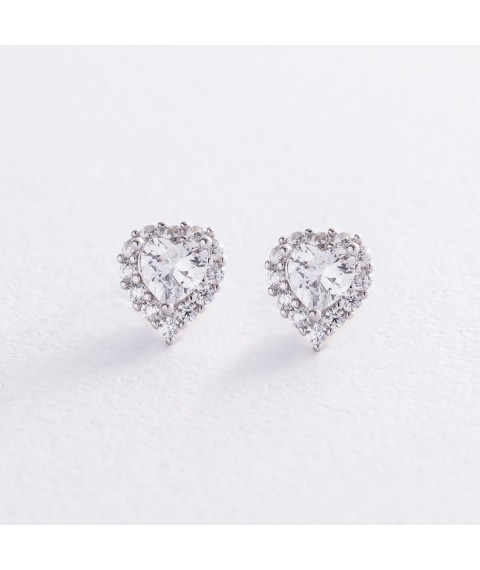 Silver earrings - studs "Hearts" with cubic zirconia 123295b Onyx