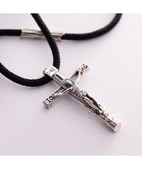 Православный серебряный крест "Распятие. Спаси и Сохрани" на шнурке 847 Онікс  70