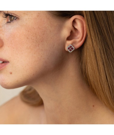 Silver earrings - studs "Clover" (cubic zirconia, rubies) GS-02-135-4410 Onyx