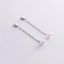 Сережки - пусети "Перлина на ланцюжку" у білому золоті с08302 Онікс