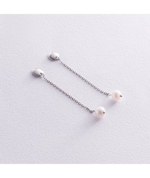 Earrings - studs "Pearl on a chain" in white gold s08302 Onyx