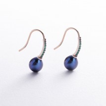 Gold earrings - loops "Olivia" with pearls and cubic zirconia s08512 Onyx
