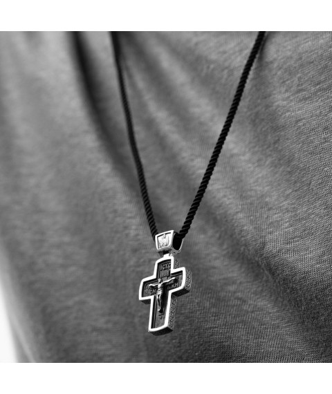 Серебряный крест "Распятие. Спаси и Сохрани" (на укр. языке) с эбеновым деревом mini 1053 Онікс