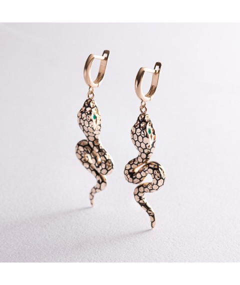 Gold earrings "Snakes" (enamel, cubic zirconia) s07710 Onyx