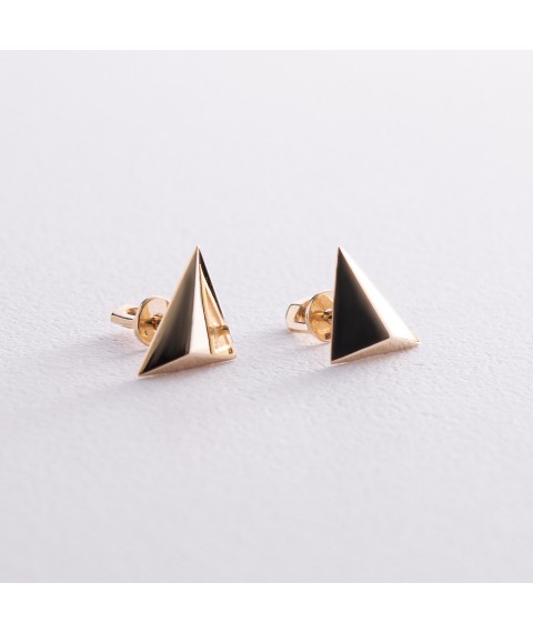 Earrings - studs "Pyramid" in yellow gold s08132 Onyx