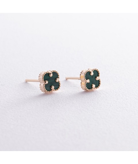 Earrings - studs "Clover" with malachite mini (yellow gold) s08407 Onyx