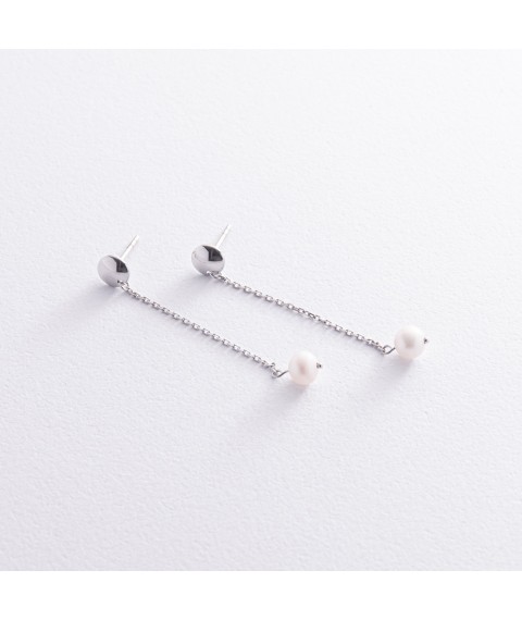 Сережки - пусети "Перлина на ланцюжку" у білому золоті с08302 Онікс