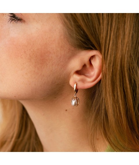 Gold earrings (cult. fresh pearls) s05190 Onyx