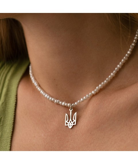 Серебряное колье "Герб Украины - Тризуб" с жемчугом 4054 Онікс  40