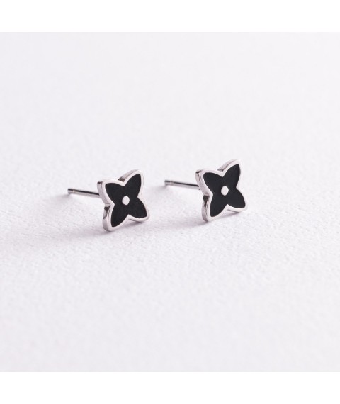 Silver earrings - studs "Clover" (black enamel) 123047 Onyx