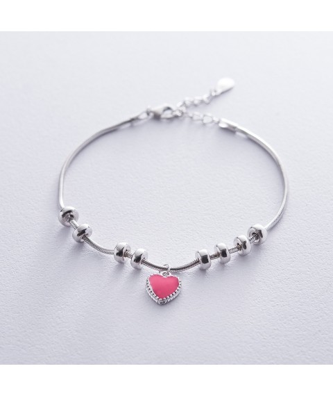 Silver bracelet with heart (enamel) 141247 Onix 21.5