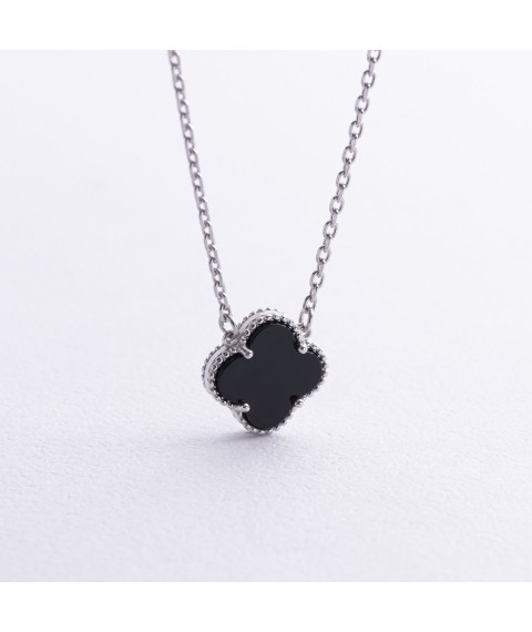 Silver necklace "Clover" (synthetic onyx) 128245 Onyx 40