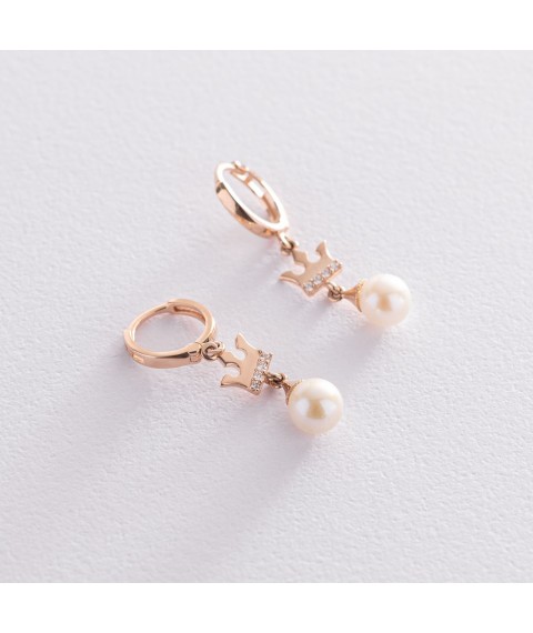Gold earrings "Crown" with pearls s06137 Onyx
