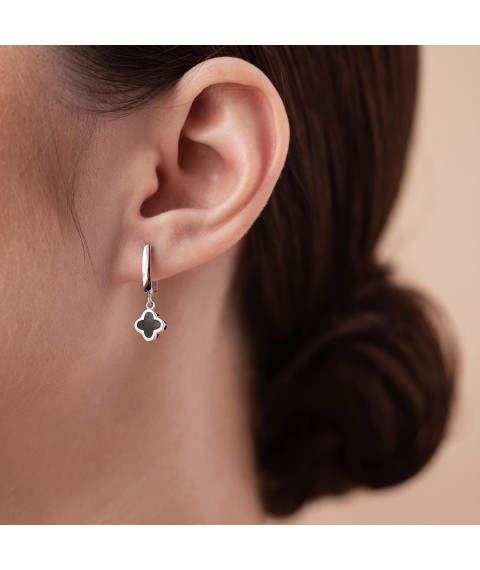 Earrings "Clover" in white gold (enamel) s07535 Onix
