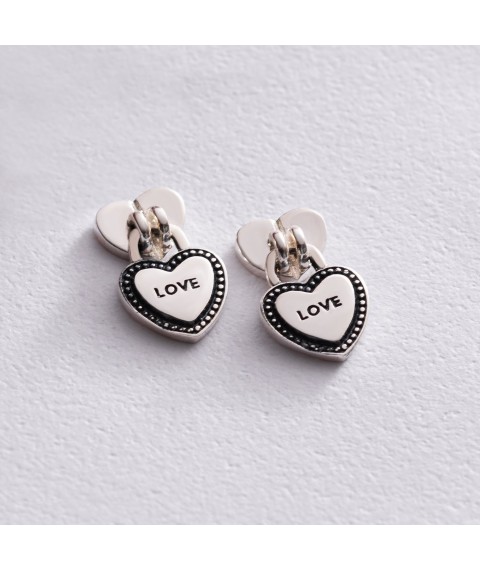 Silver earrings - studs "Lock - heart" 123045 Onyx