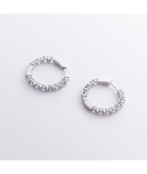 Срібні сережки - кільця з фіанітами 123427 Онікс