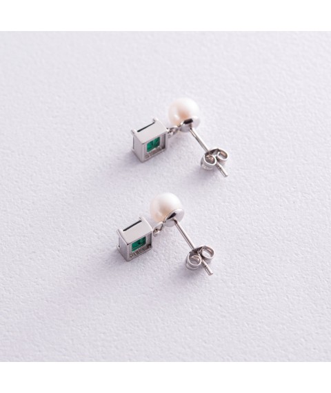 Gold earrings - studs "Alma" (green cubic zirconia, pearls) s08248 Onyx