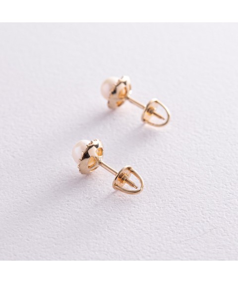 Gold earrings - studs with pearls and cubic zirconia s08168 Onyx