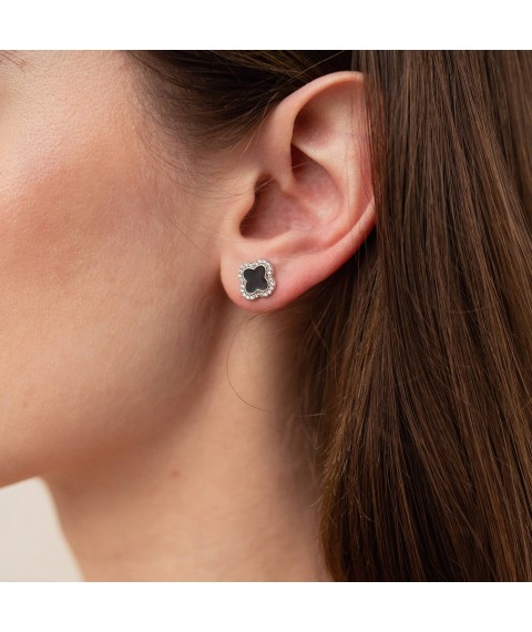Silver earrings - studs "Clover" (enamel, cubic zirconia) 065210 Onyx