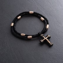 Мужской православный крест на шнуре из эбенового дерева и золота кол02134 Онікс  60