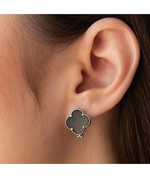 Silver earrings "Clover" with onyx 122112 Onyx