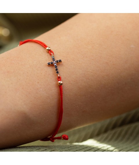 Bracelet with red thread and cross (black cubic zirconia) b05331 Onyx