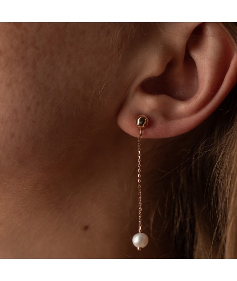 Earrings - studs "Pearl on a chain" in red gold s08291 Onyx