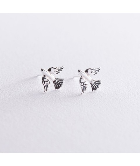 Silver earrings - studs "Birds" 122713 Onyx