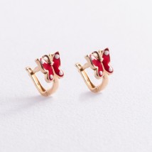 Gold children's earrings "Butterflies" with enamel s03221 Onix