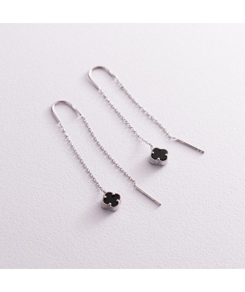 Silver earrings - broaches "Clover" with onyx 123173 Onyx