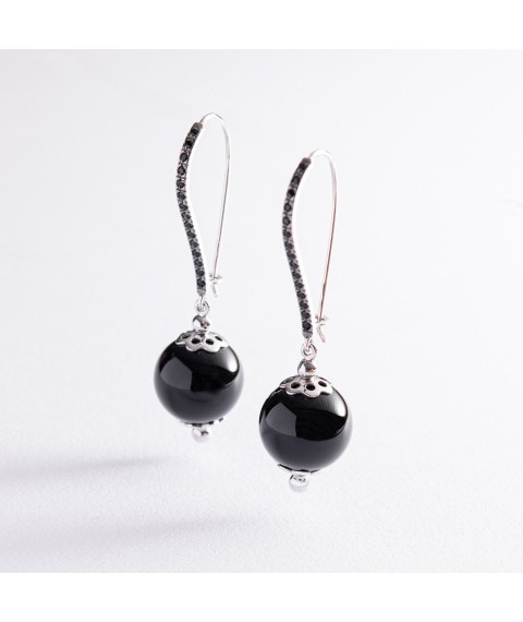 Gold earrings with agate and cubic zirconia 459093B Onyx