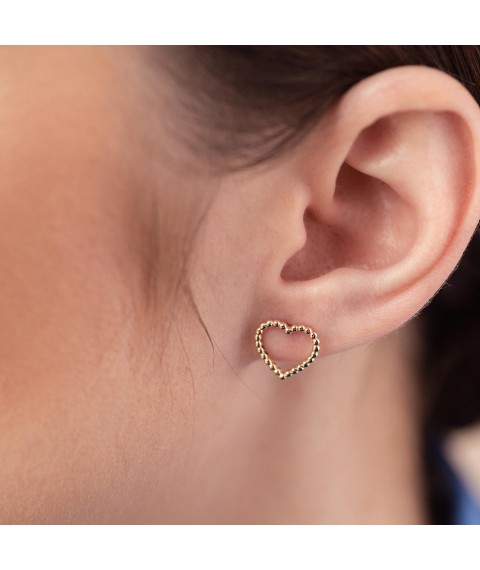Earrings - studs "Hearts" in yellow gold s08444 Onyx