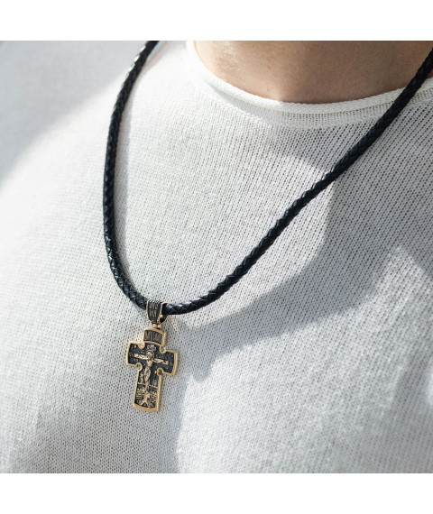 Золотой православный крест "Распятие. Архангел Михаил" с чернением п03873 Онікс