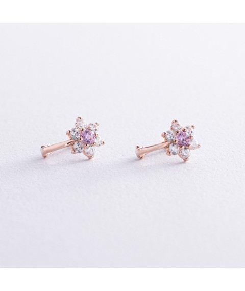 Gold children's earrings "Flowers" with pink cubic zirconia s03531 Onyx