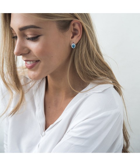 Gold earrings with blue topaz and cubic zirconia s04201 Onyx
