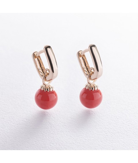 Earrings with coral (yellow gold) s08548 Onyx