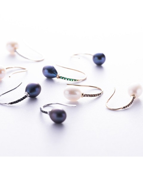 Золоті сережки - петельки "Олівія" з перлами і фіанітами с08513 Онікс