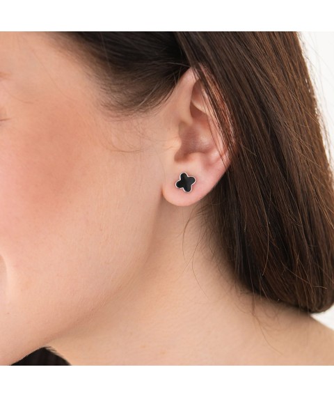 Silver earrings - studs "Clover" (black enamel) 123049 Onyx