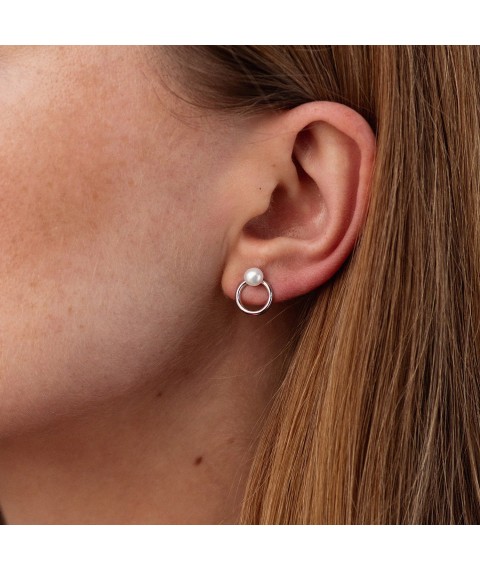 Silver stud earrings "Cycle" with pearls 123277 Onyx