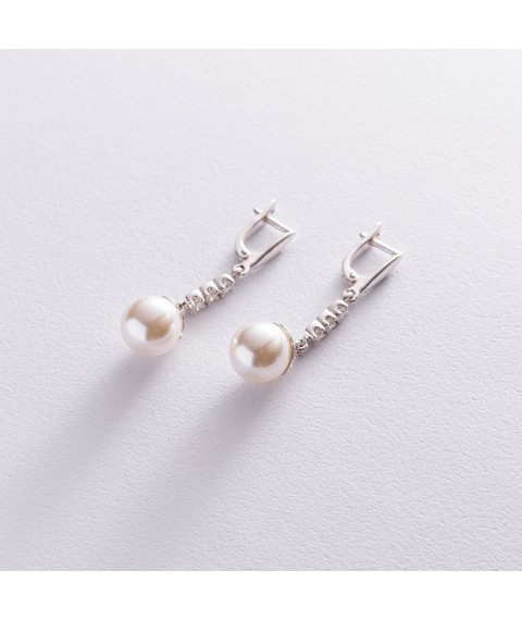 Silver earrings (imitation pearls, cubic zirconia) 121240 Onyx