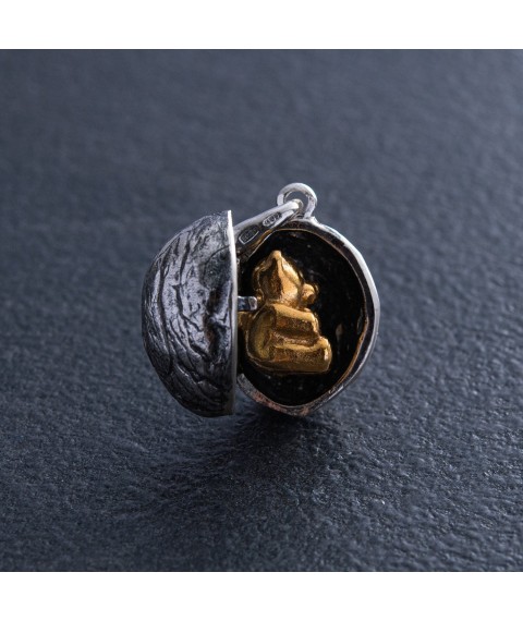 Silver pendant "Bear in a Nut" handmade 133141 Onyx