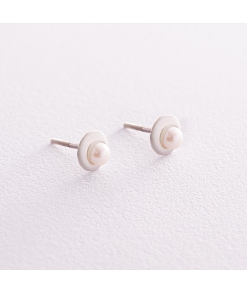 Silver earrings - studs with cult. fresh pearls 121304 Onyx
