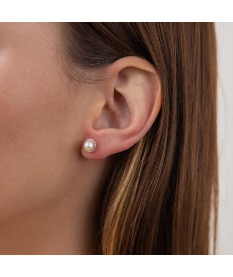 Gold earrings - studs with pearls and cubic zirconia s08167 Onyx