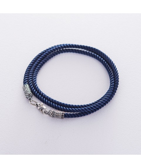Шелковый синий шнурок "Спаси и сохрани" с серебряной застежкой (3мм) 18439 Онікс  60