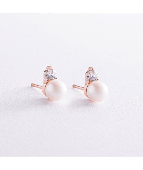 Gold earrings - studs with pearls and cubic zirconia s07952 Onyx