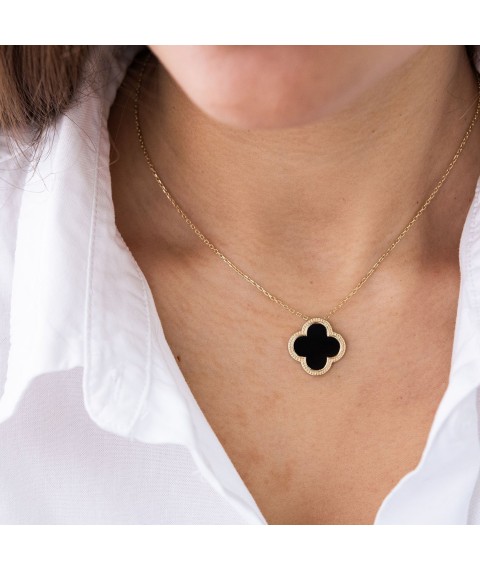 Gold necklace "Clover" with onyx col01880 Onyx 45
