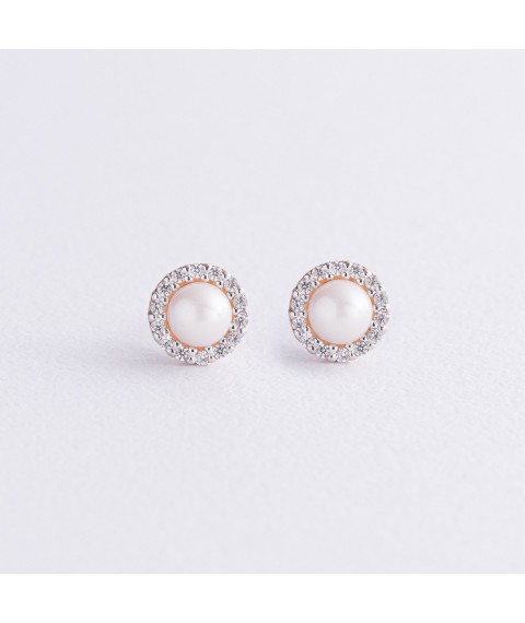 Gold earrings - studs "Linea" (pearls, cubic zirconia) s08917 Onyx